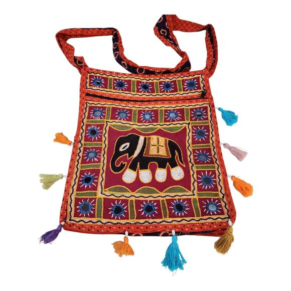 Elephant Purse Indian Boho Crossbody Handbag Wide Strap Embroidered Mirror Hippi - Picture 2 of 13
